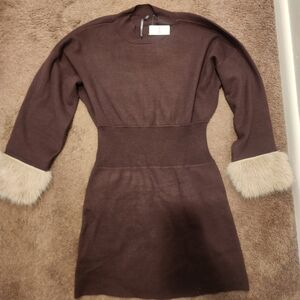 NWT By Anthropologie Long-Sleeve Faux Fur Trim Sweater Mini Dress, Sz M